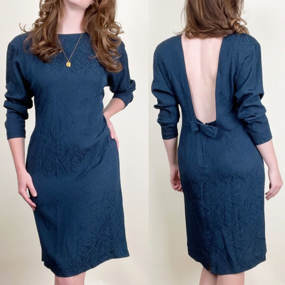 Vintage Parisian Backless Midi Dress Bow Formal Fancy Wedding Guest Open Back